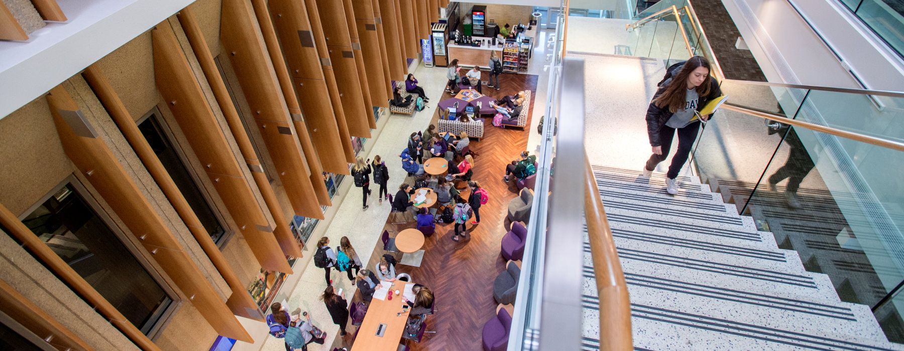 View of Bass Building stairway with student climbing